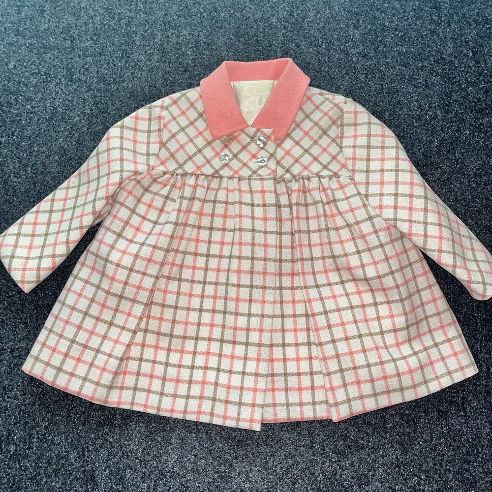 Vintage Pink Brown Check Dress Coat‎ Millicents of San Francisco Girls 18 months - Picture 2 of 6